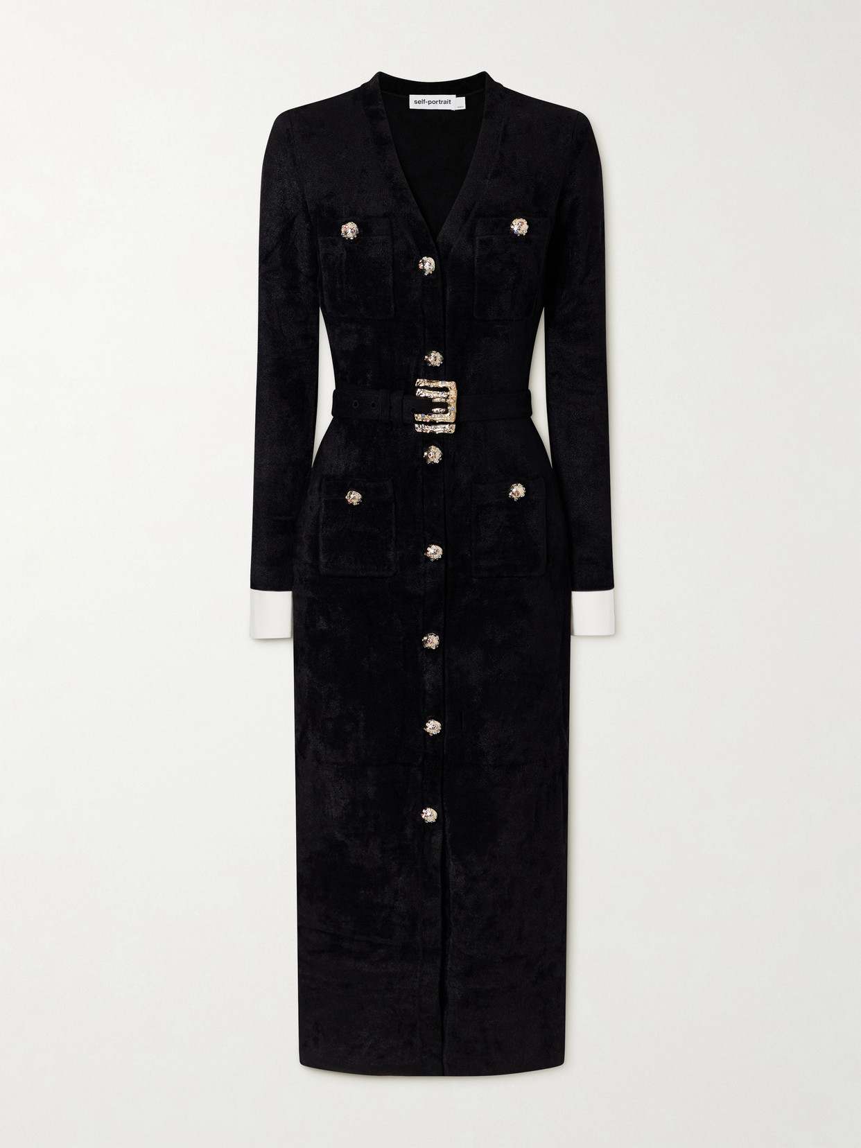 Self-portrait Belted Chenille Midi Dress In Black