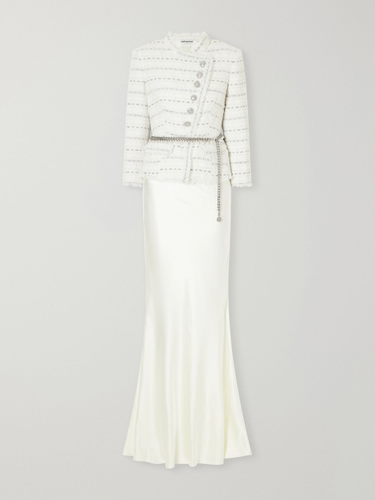 Belted satin and bouclé maxi dress