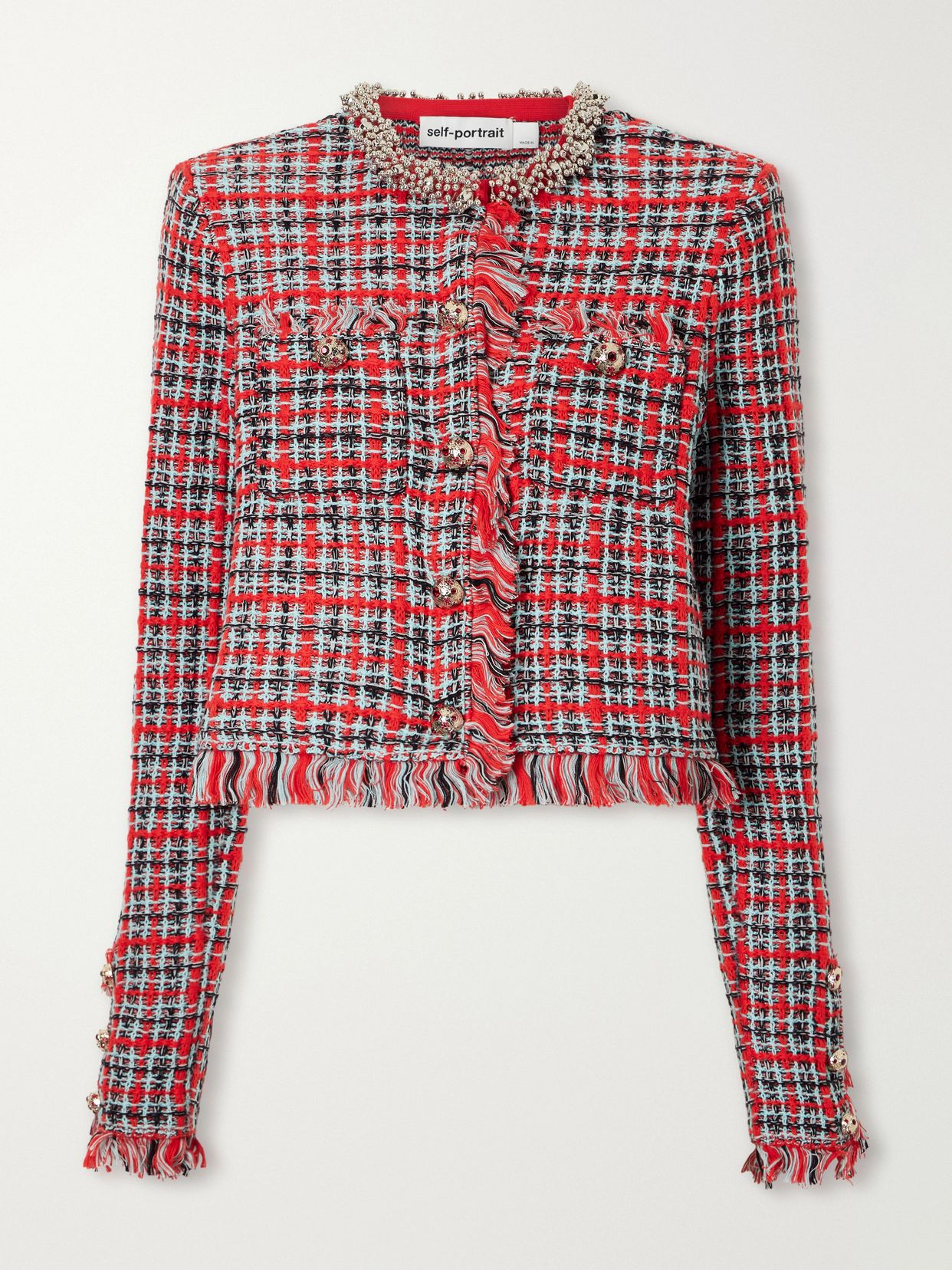Embellished cotton and wool-blend bouclé-knit frayed jacket
