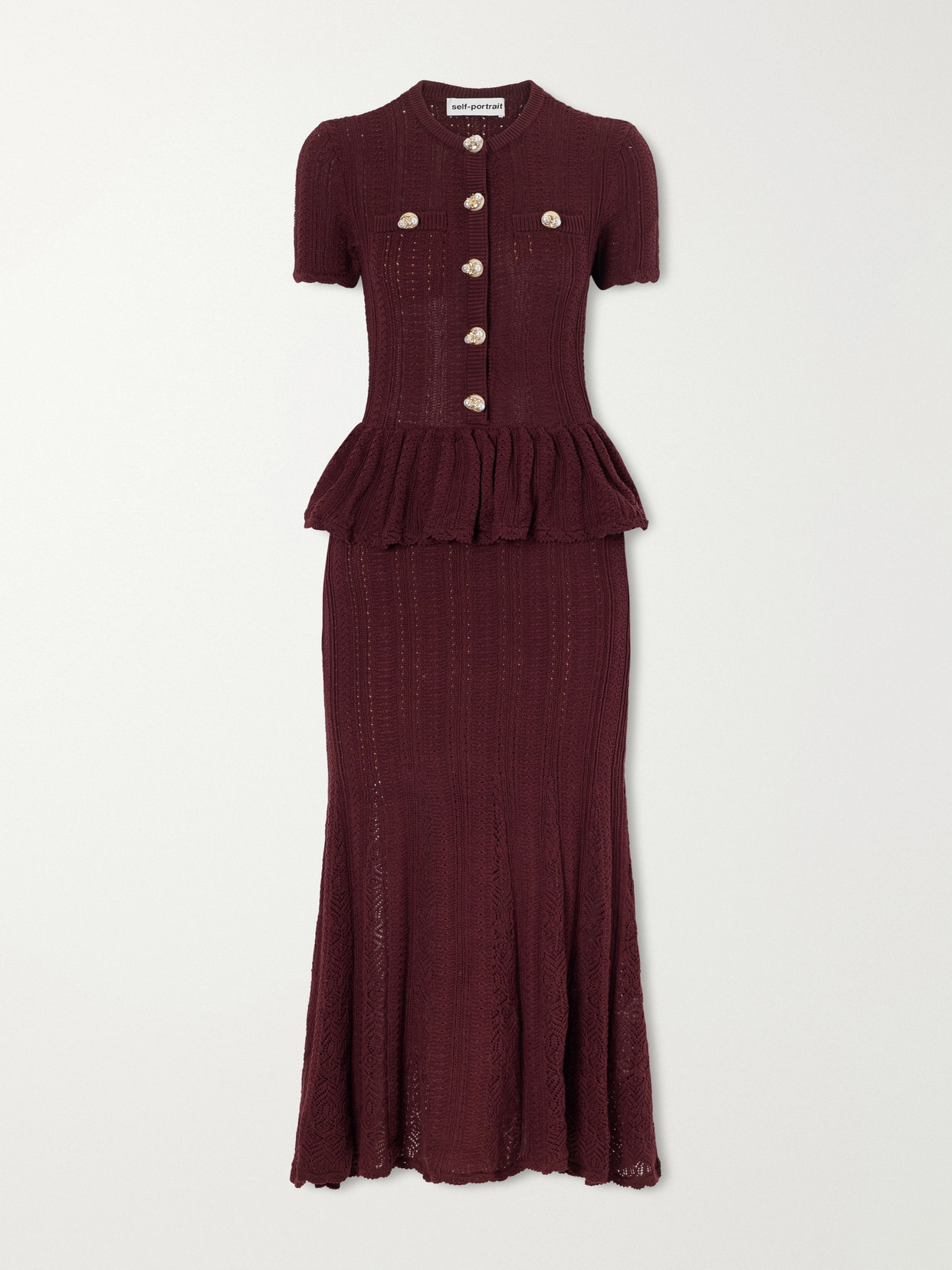 Self-portrait Button-embellished Peplum Cotton Midi Dress In Burgundy