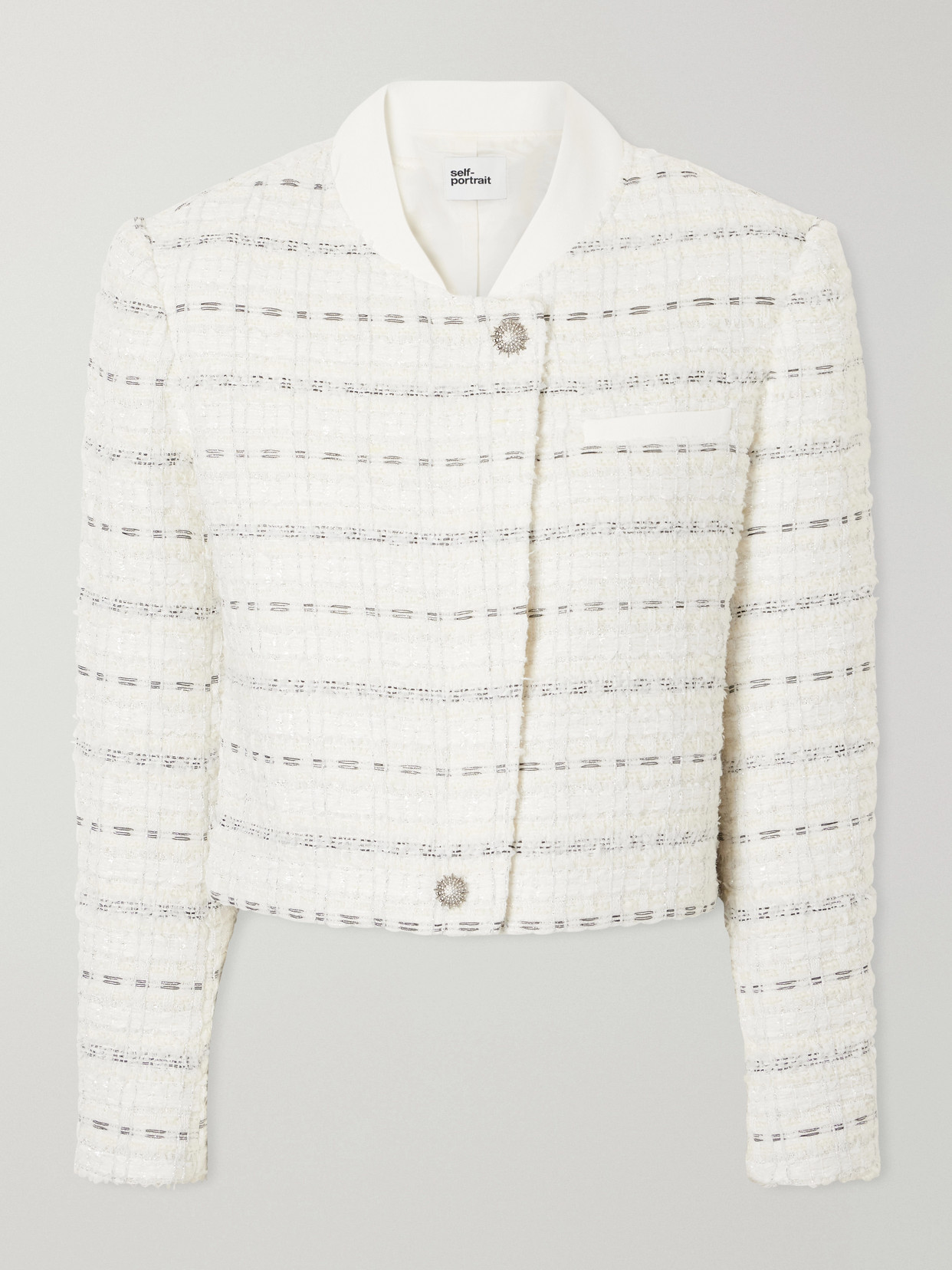 Self-portrait Cropped Metallic Bouclè Jacket In White