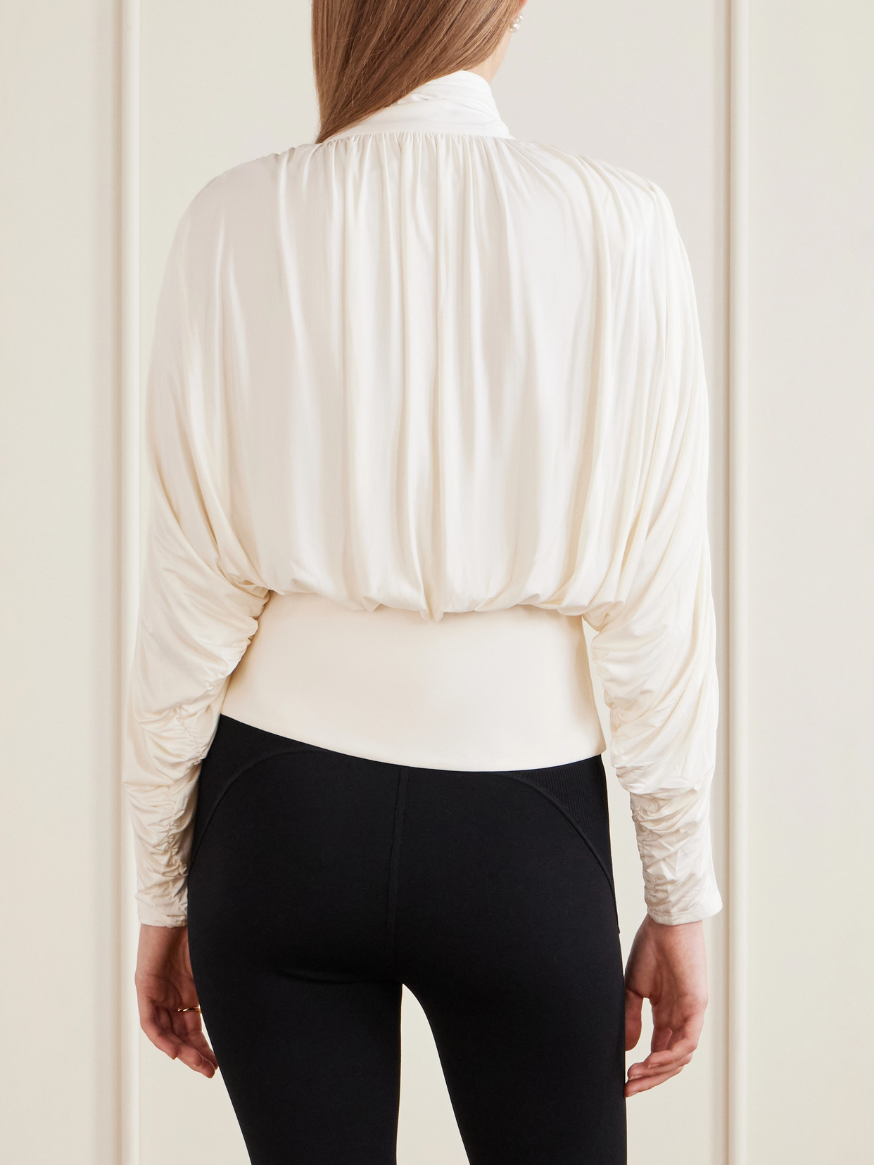Tie-Detailed Gathered Stretch-Jersey Blouse