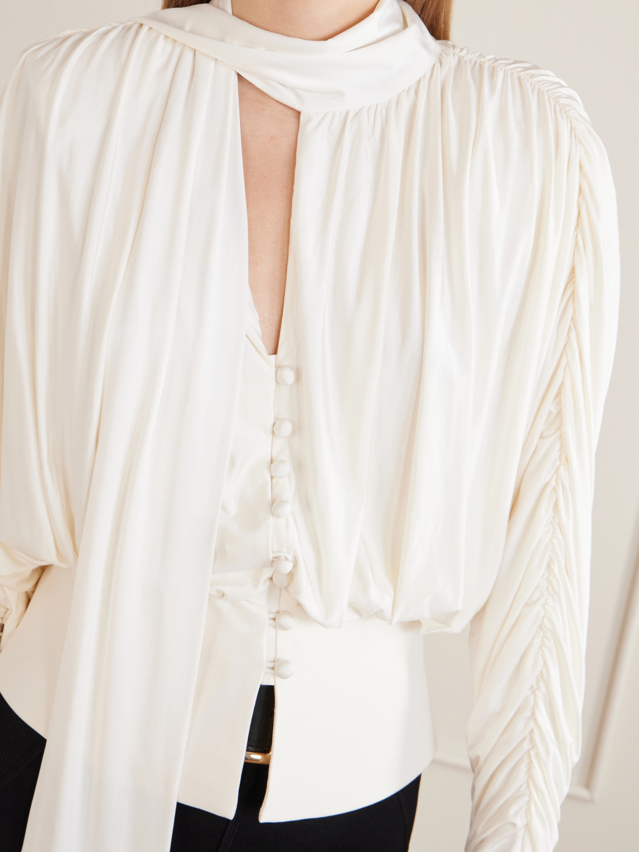 Tie-Detailed Gathered Stretch-Jersey Blouse