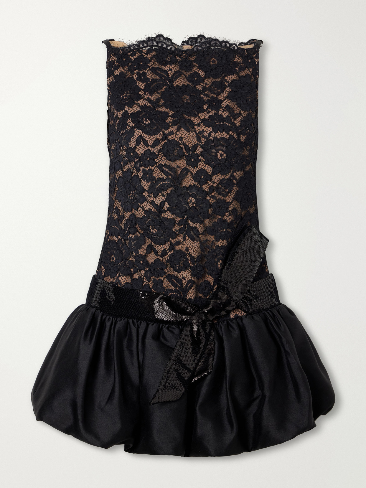 Self-portrait Sequined-trimmed Satin And Lace Mini Dress In Black