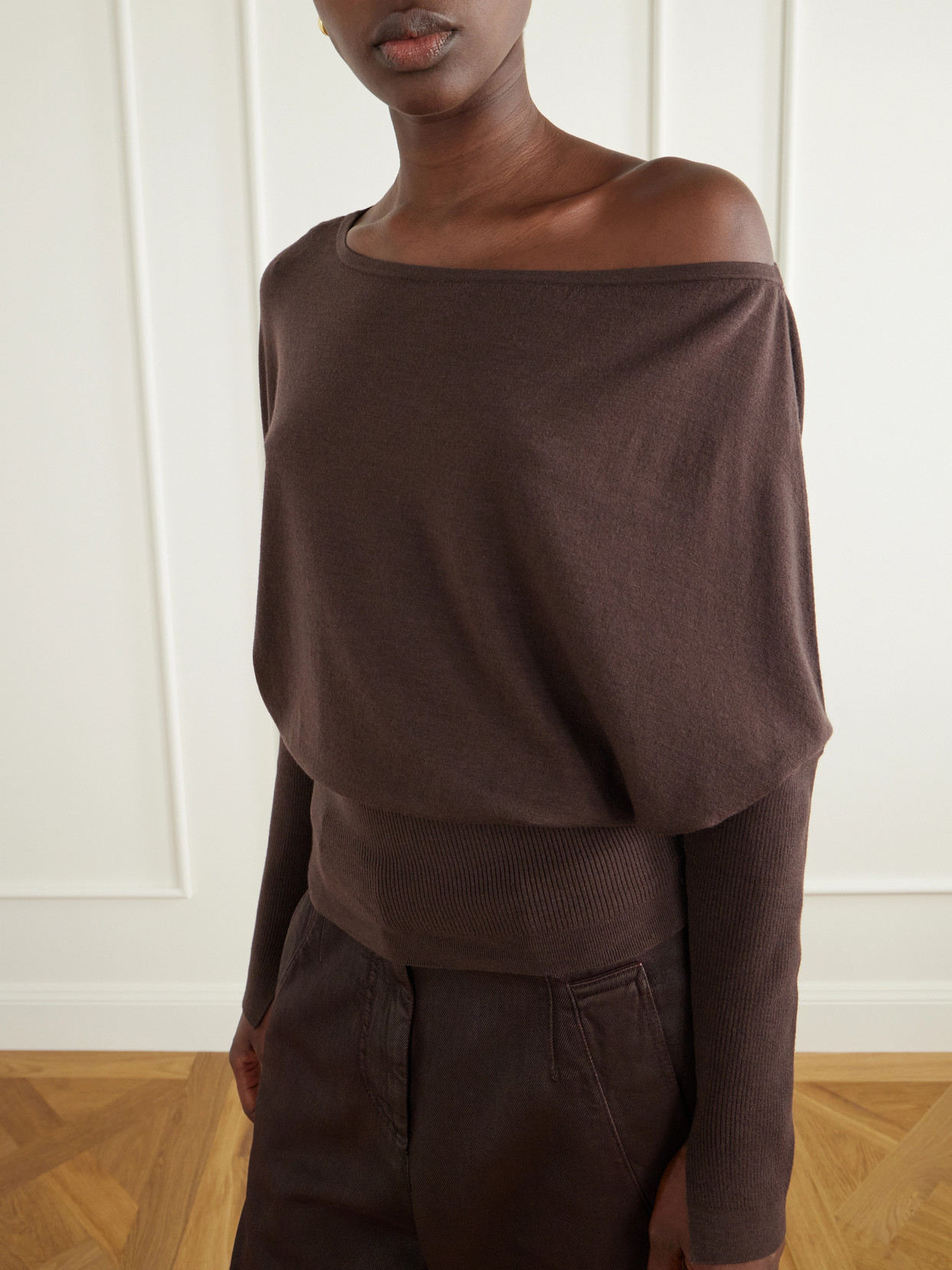 Lavina Off-The-Shoulder Ribbed-Detailed Wool-Blend Sweater