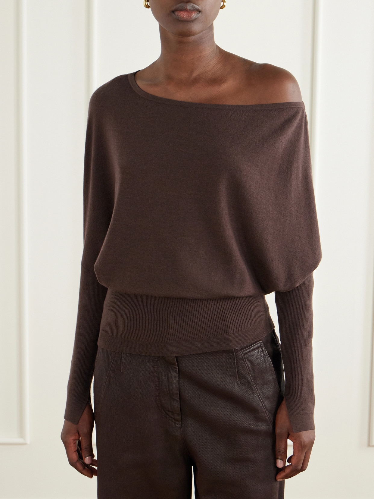 Lavina Off-The-Shoulder Ribbed-Detailed Wool-Blend Sweater