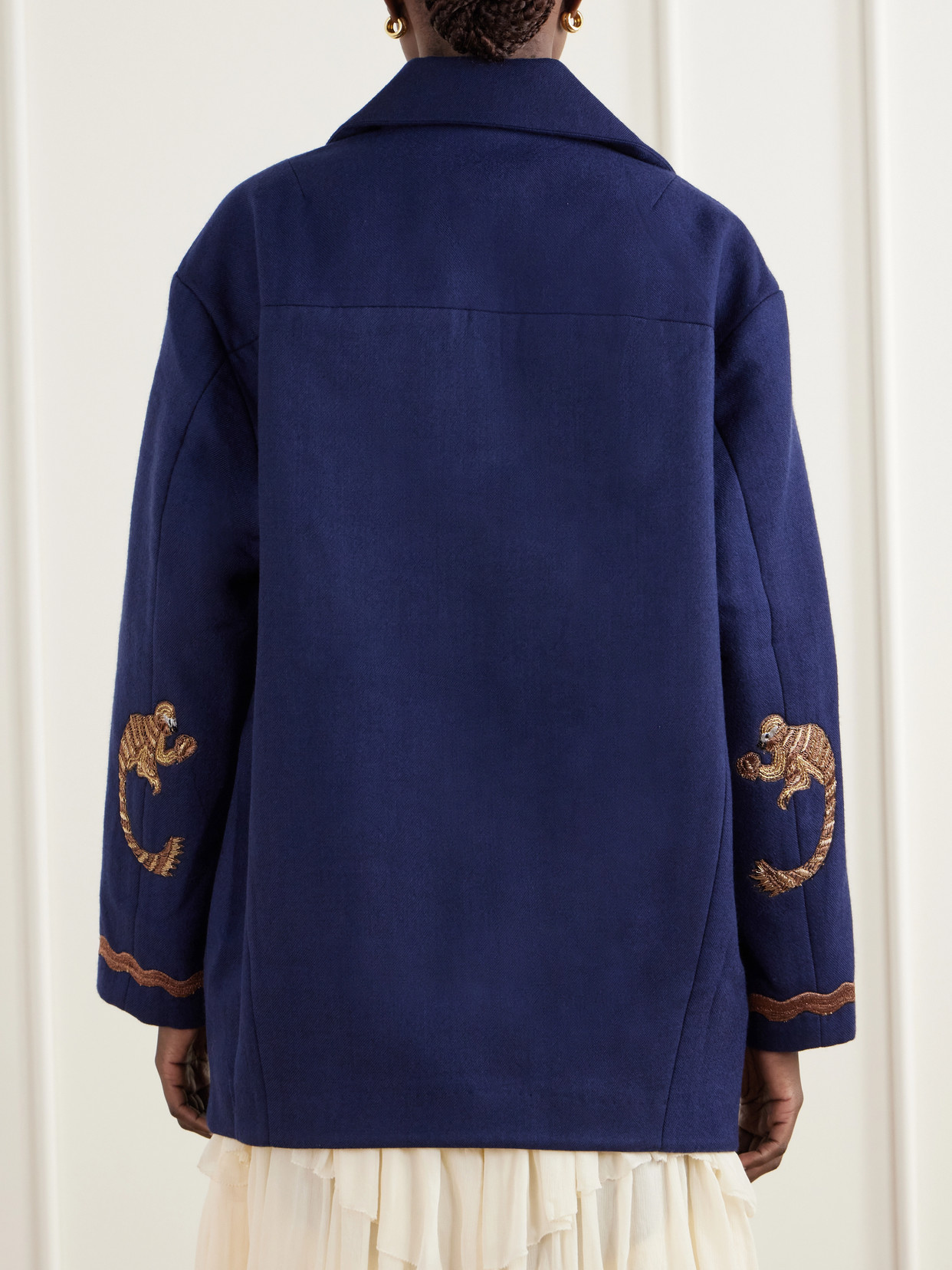 Rivoli Bead-Embellished Embroidered Double-Breasted Wool-Twill Coat