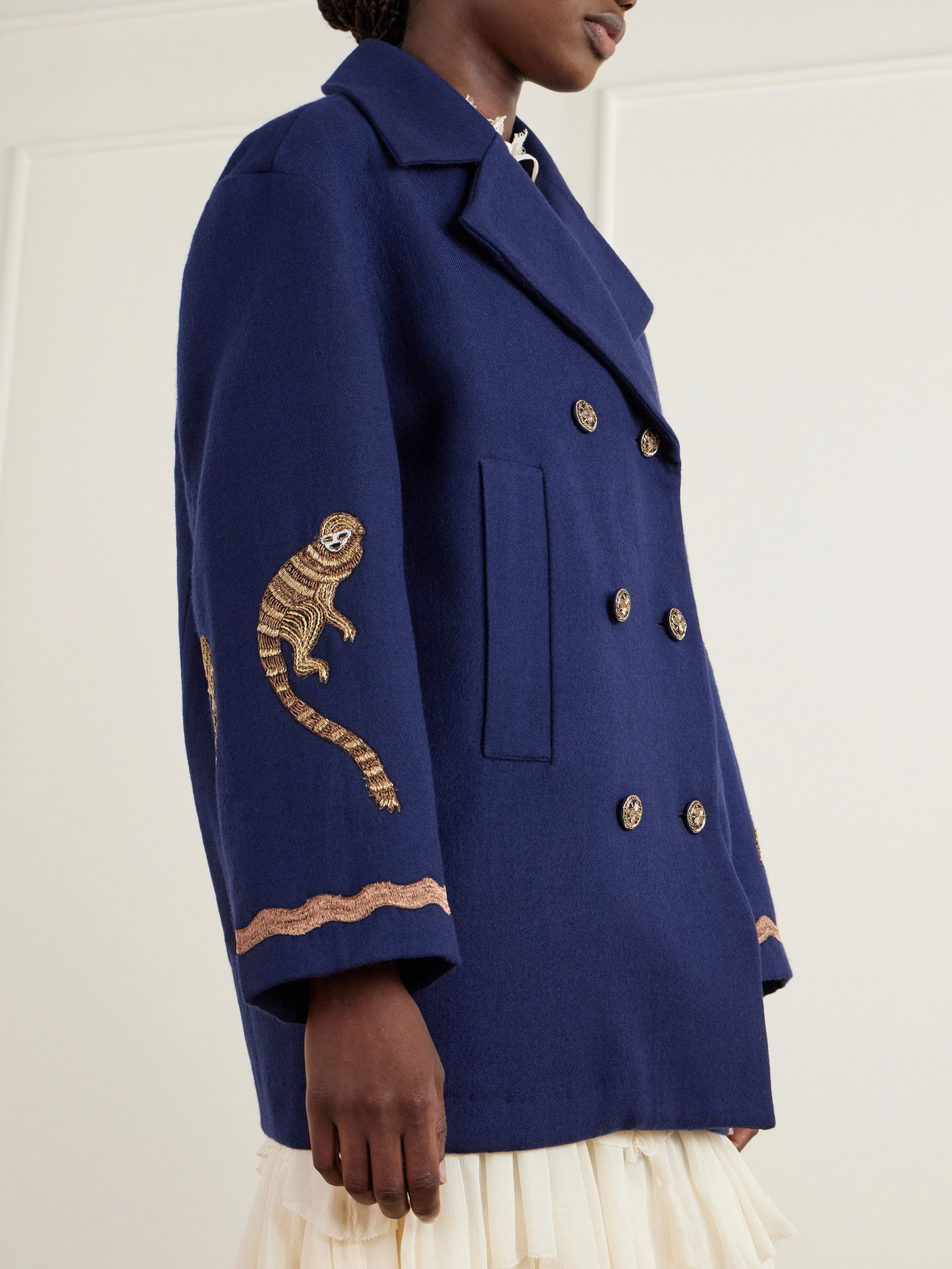 Rivoli Bead-Embellished Embroidered Double-Breasted Wool-Twill Coat