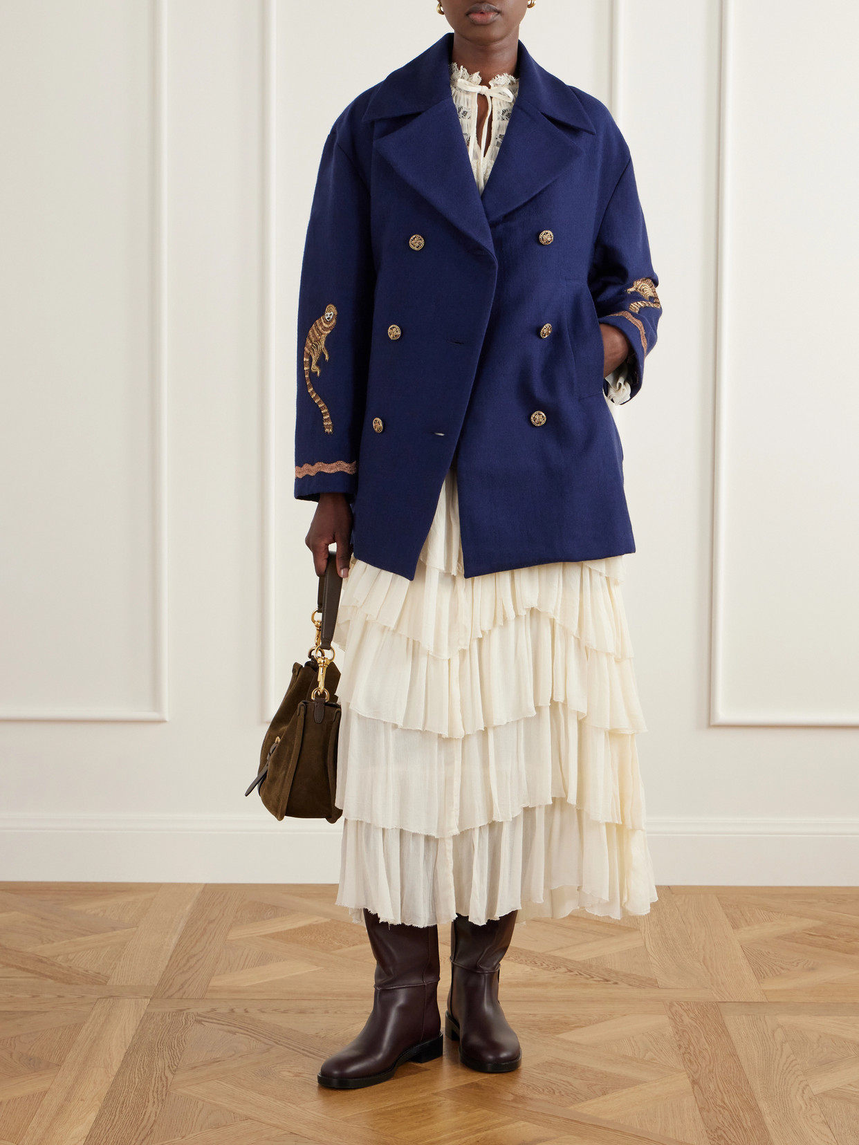 Rivoli Bead-Embellished Embroidered Double-Breasted Wool-Twill Coat