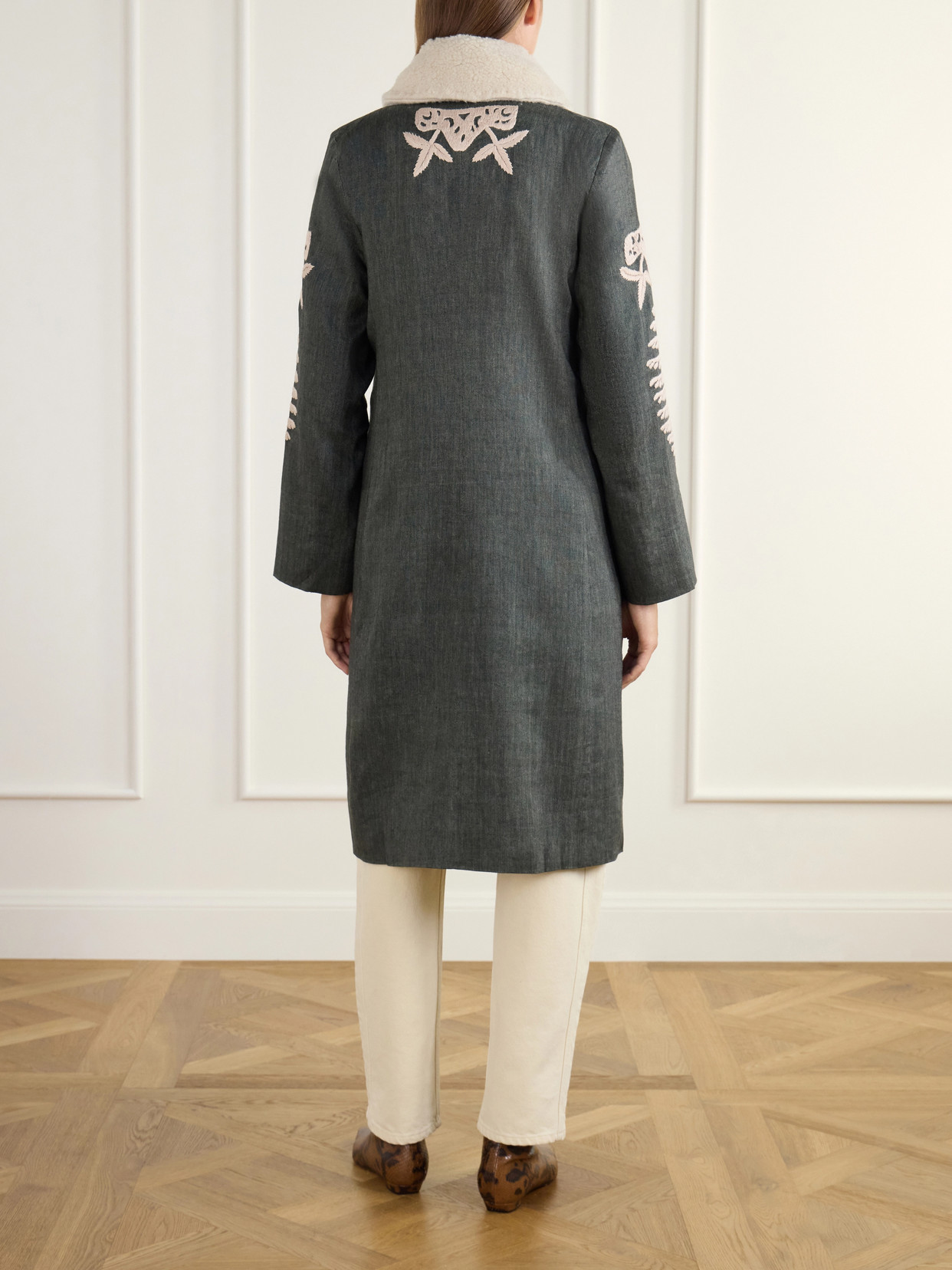 Petunia Embroidered Fleece-Trimmed Wool And Linen-Blend Twill Coat