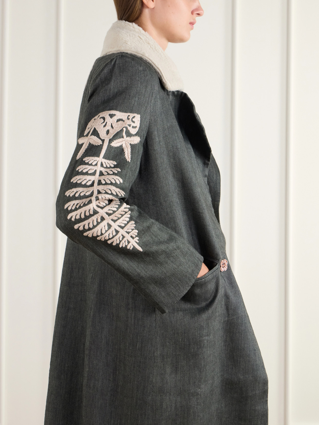Petunia Embroidered Fleece-Trimmed Wool And Linen-Blend Twill Coat