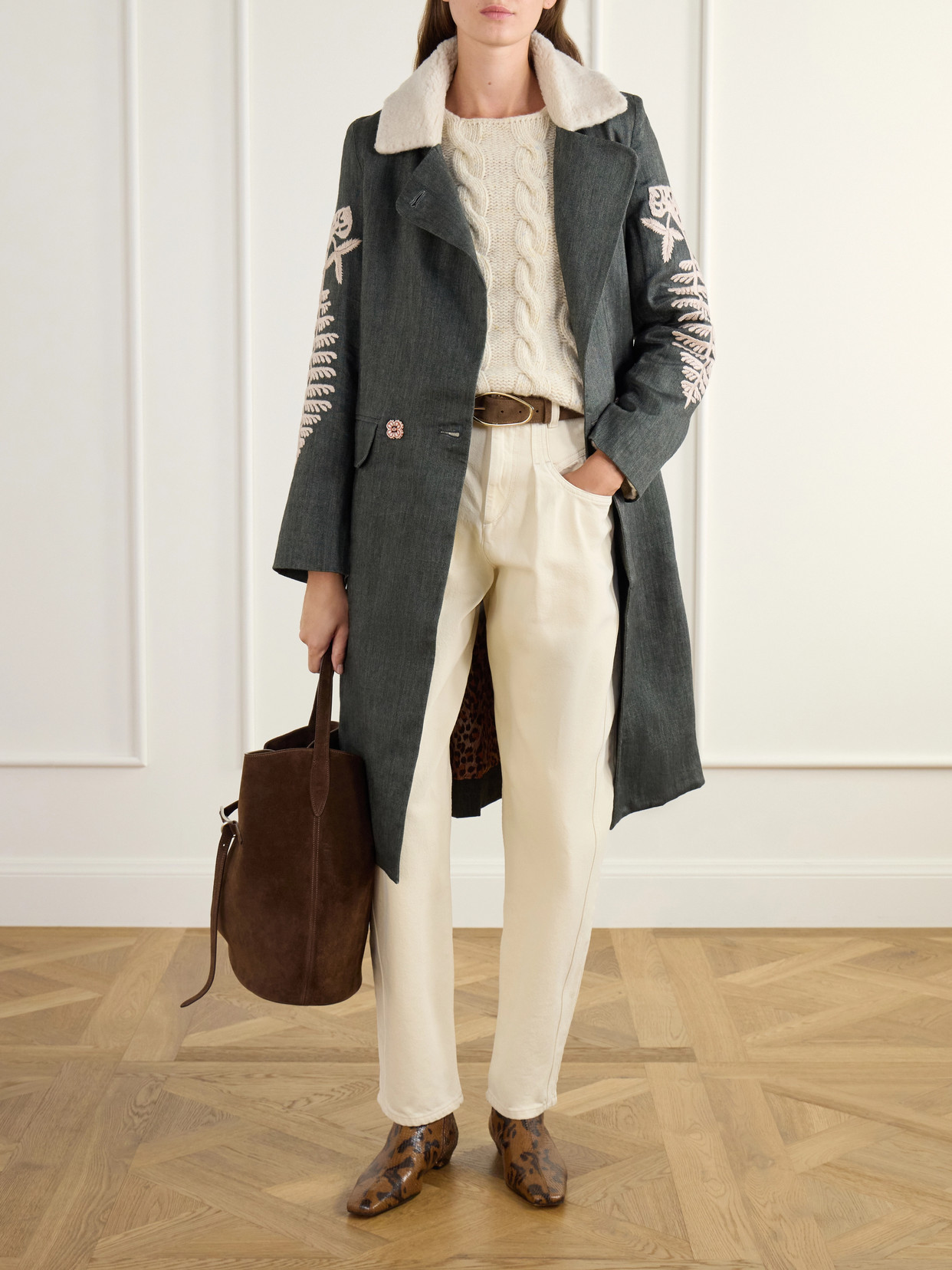 Petunia Embroidered Fleece-Trimmed Wool And Linen-Blend Twill Coat