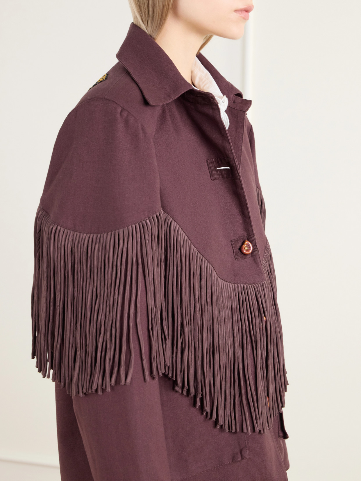Bead-Embellished Fringe-Trimmed Cotton-Twill Jacket