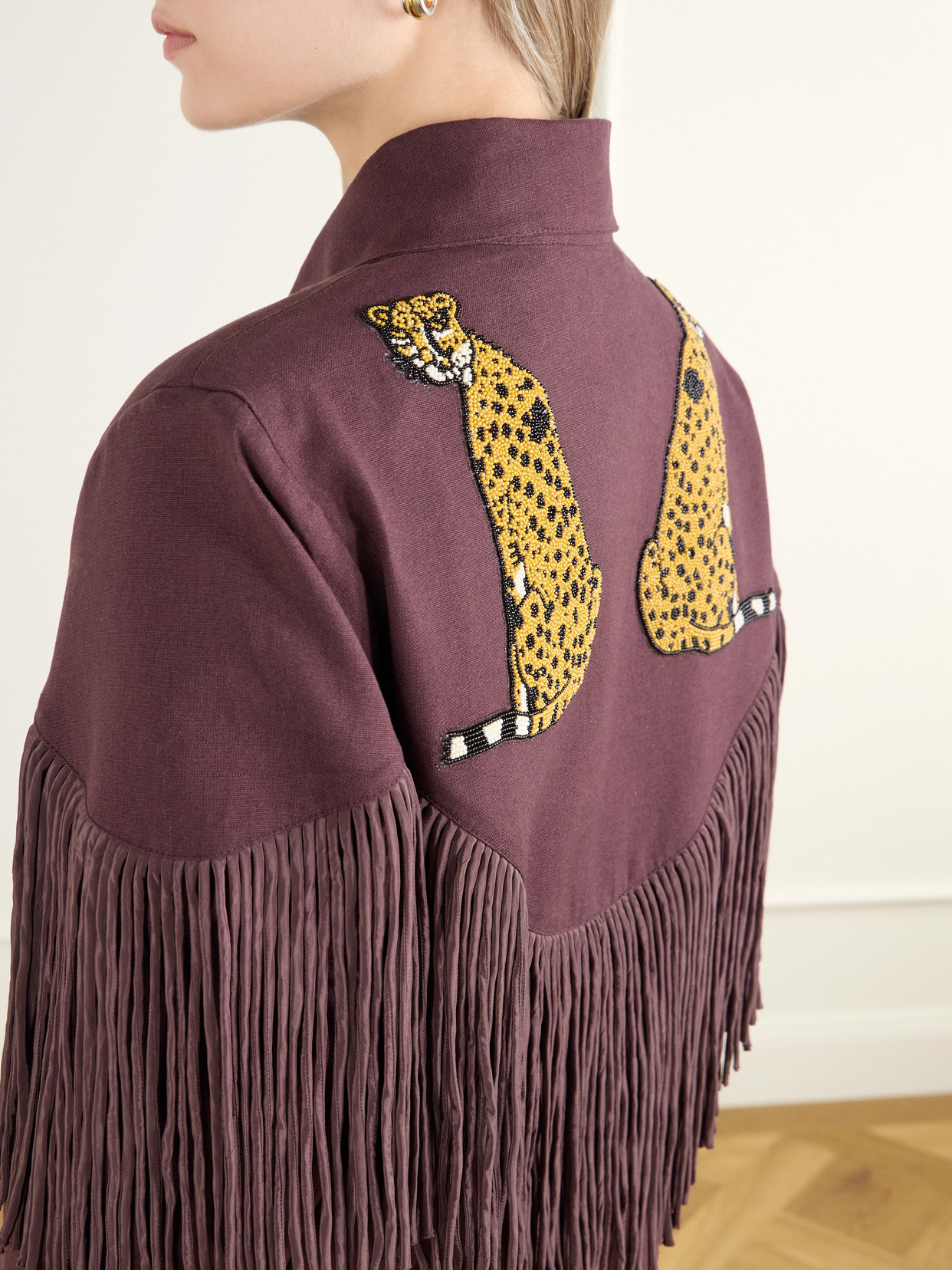 Bead-Embellished Fringe-Trimmed Cotton-Twill Jacket