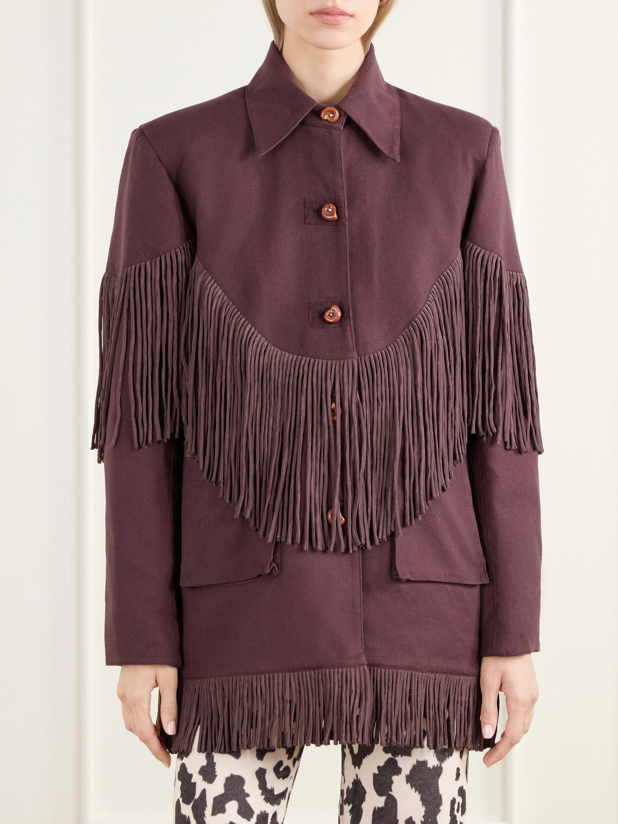 Bead-Embellished Fringe-Trimmed Cotton-Twill Jacket