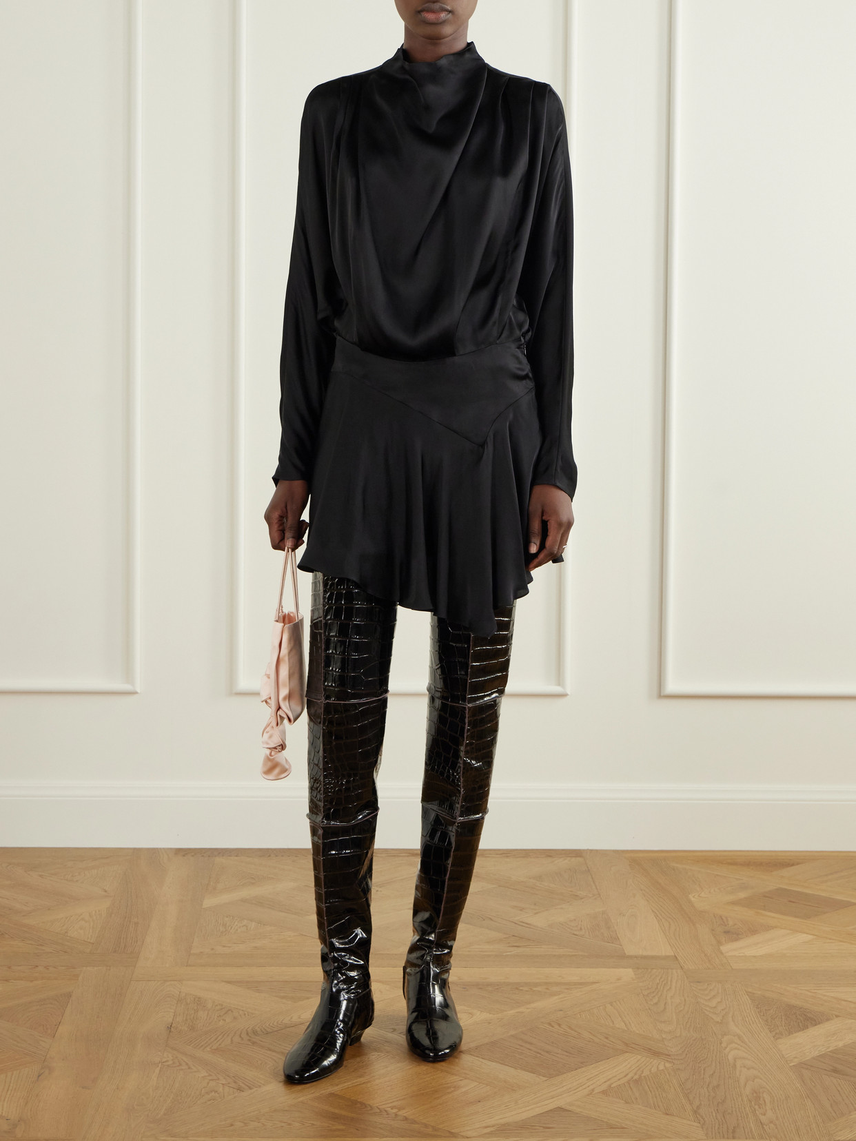 Paneled Croc-Effect Leather Over-The-Knee Boots