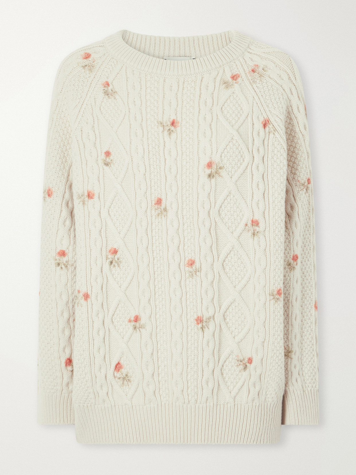Floral-Print Cable-Knit Wool And Cashmere-Blend Sweater