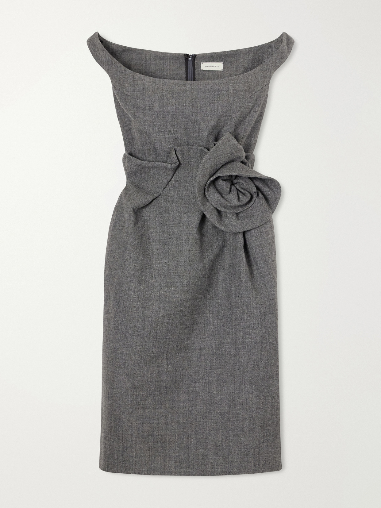 Magda Butrym Floral-embellished Off-the-shoulder Wool And Silk-blend Knee-length Dress In Gray