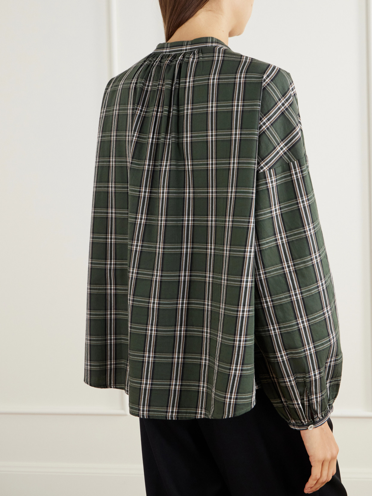 Cilla Gathered Checked Organic Cotton-Poplin Blouse