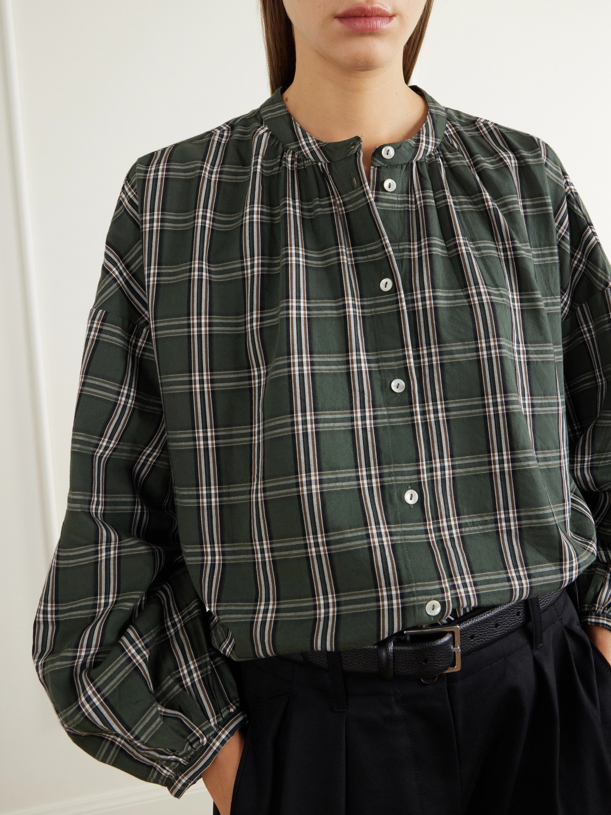 Cilla Gathered Checked Organic Cotton-Poplin Blouse