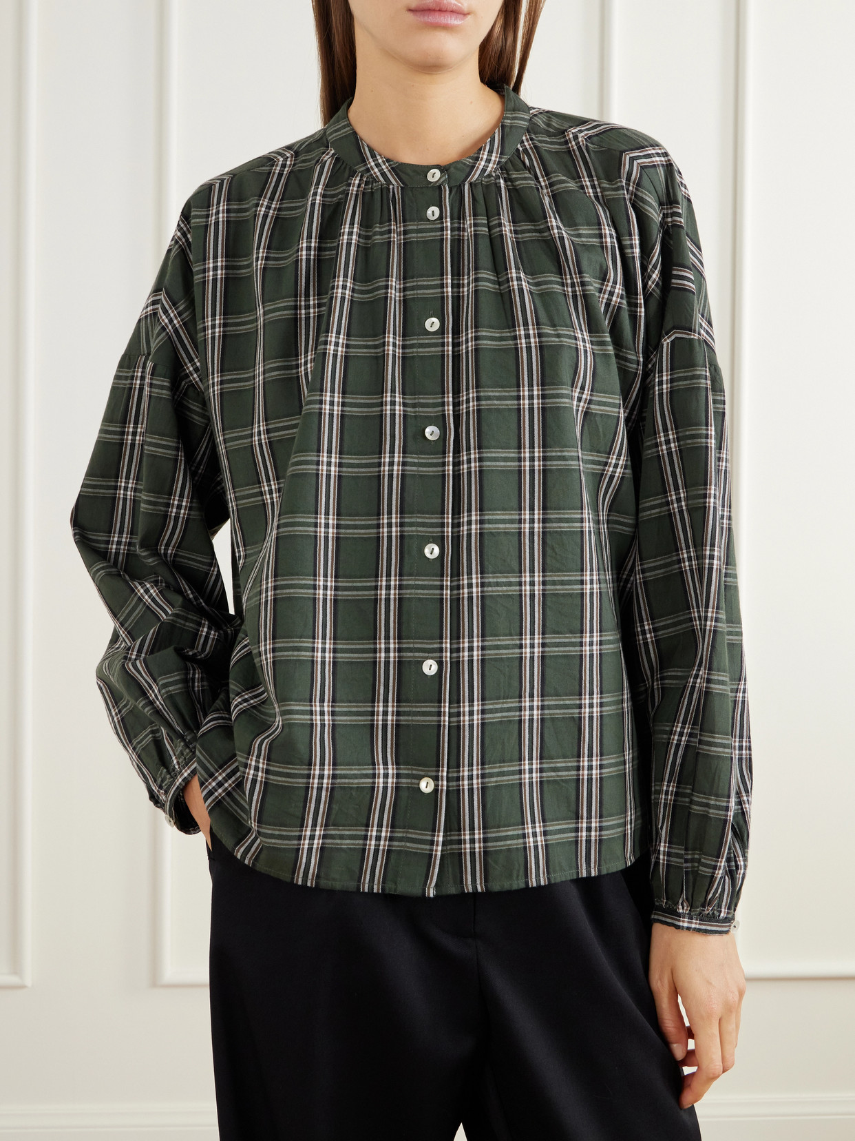 Cilla Gathered Checked Organic Cotton-Poplin Blouse