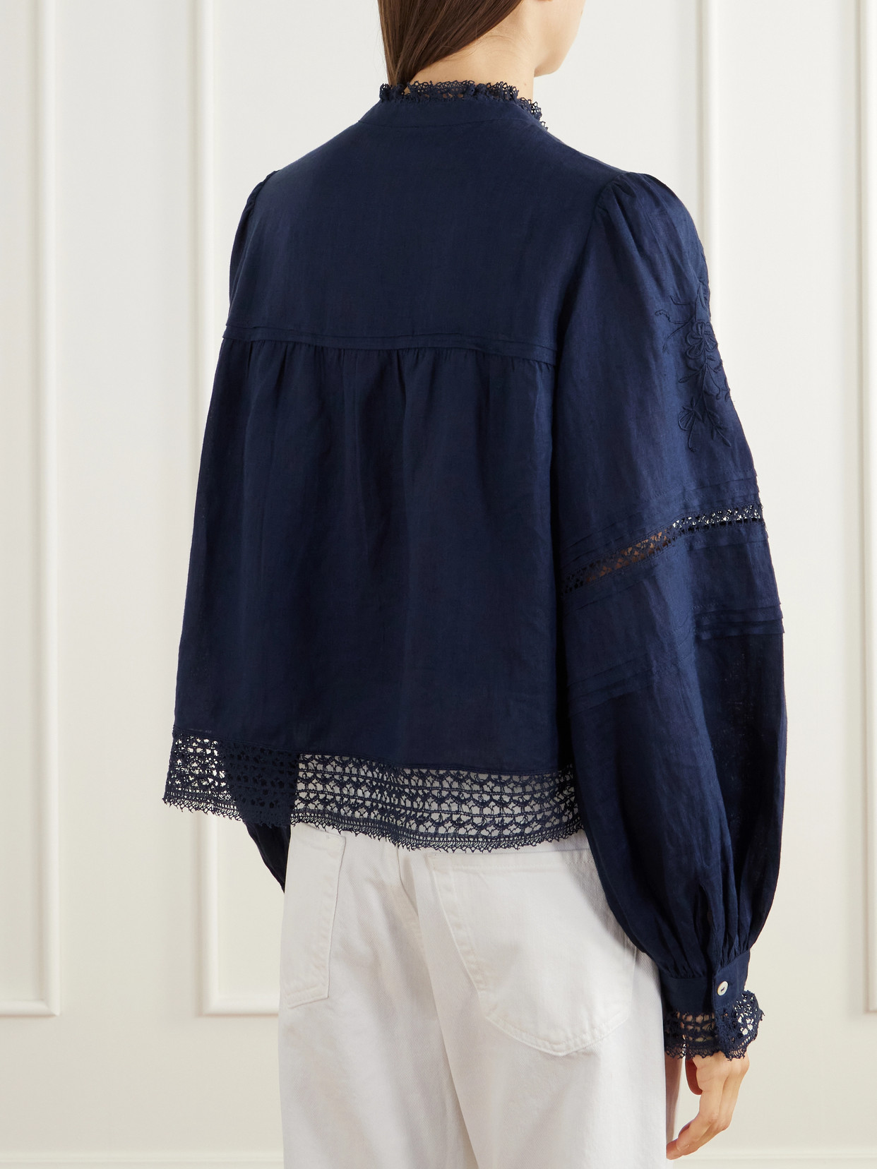 Velina Gathered Floral-Embroidered Lace-Trimmed Linen-Twill Blouse