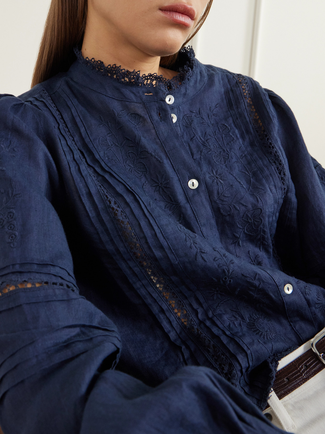 Velina Gathered Floral-Embroidered Lace-Trimmed Linen-Twill Blouse