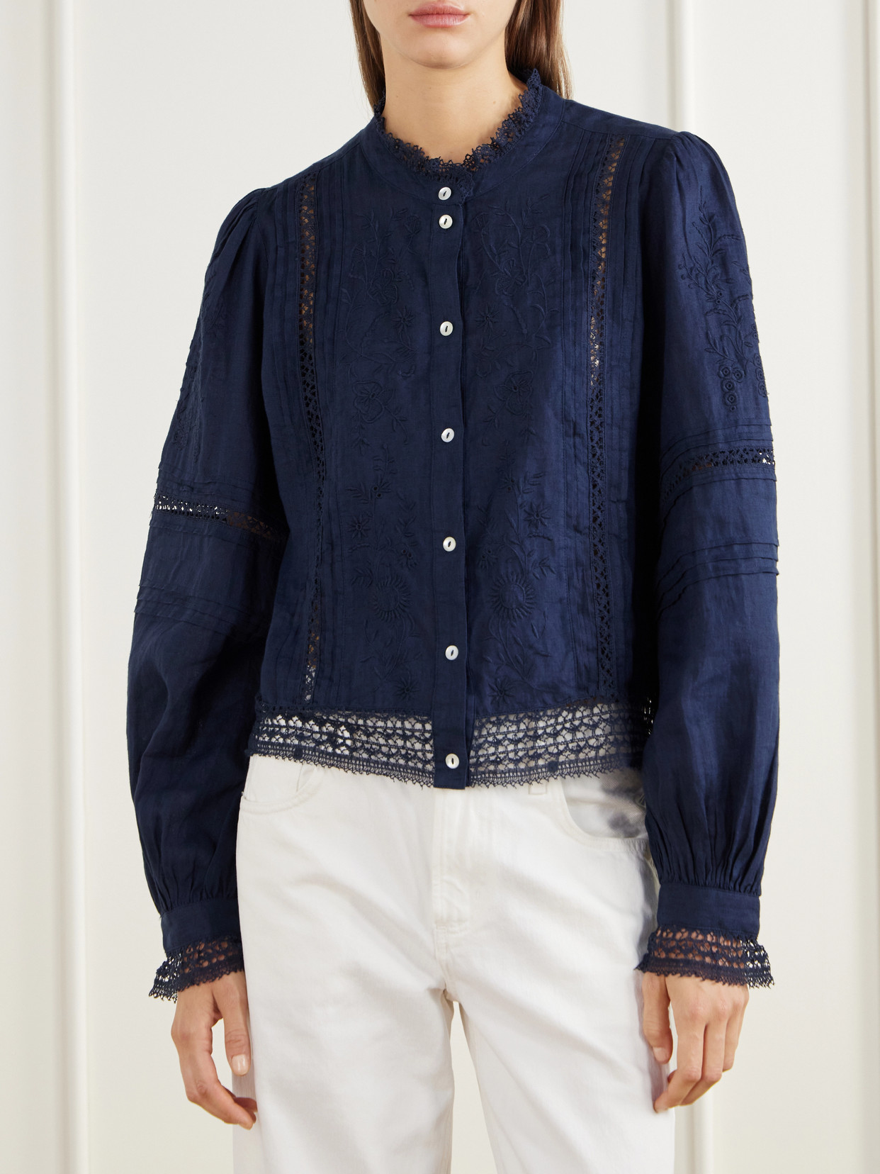 Velina Gathered Floral-Embroidered Lace-Trimmed Linen-Twill Blouse