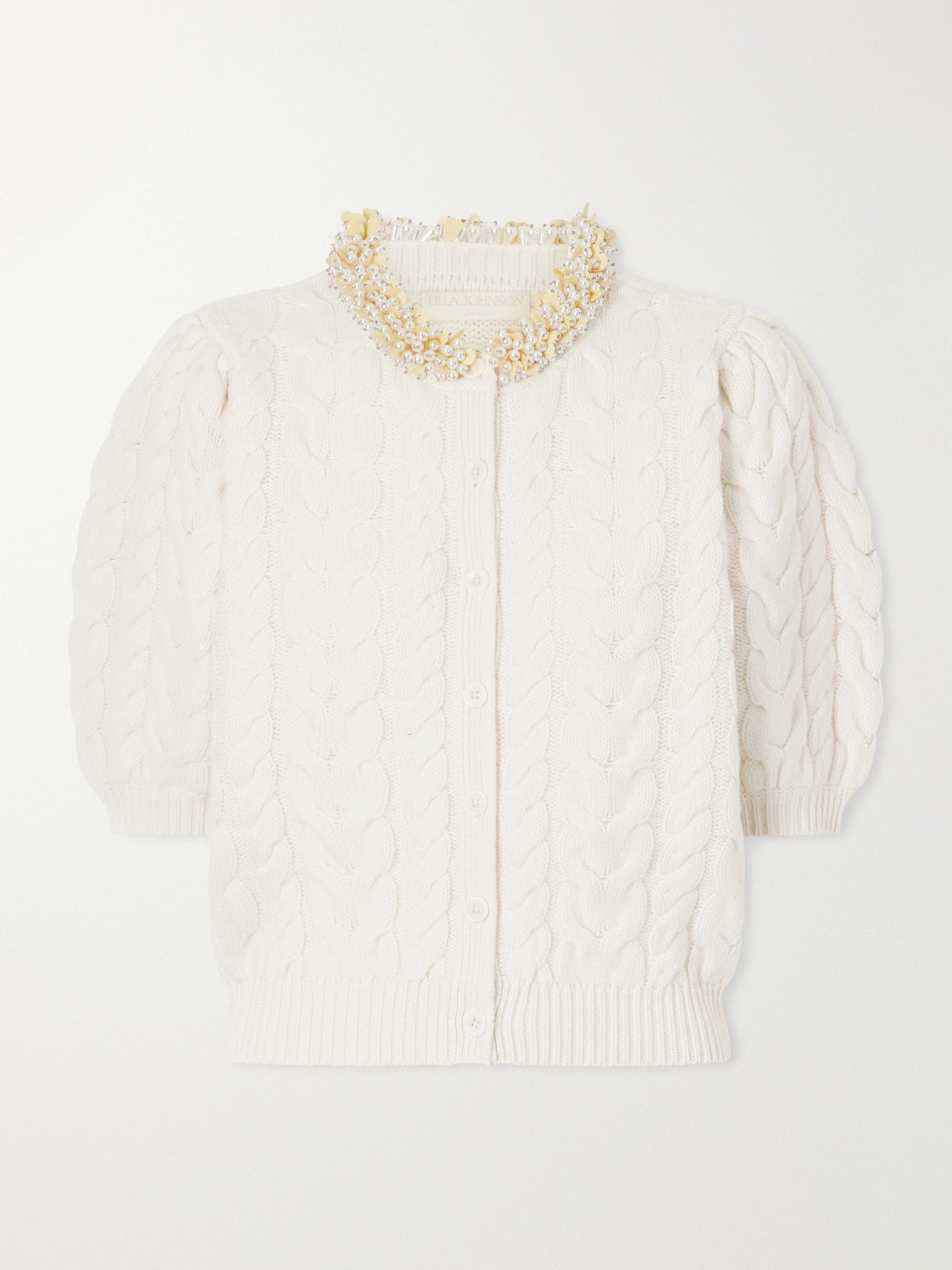 Ulla Johnson Olivia Cable-knit Bead-embellished Wool And Cashmere-blend Cardigan In Neutrals