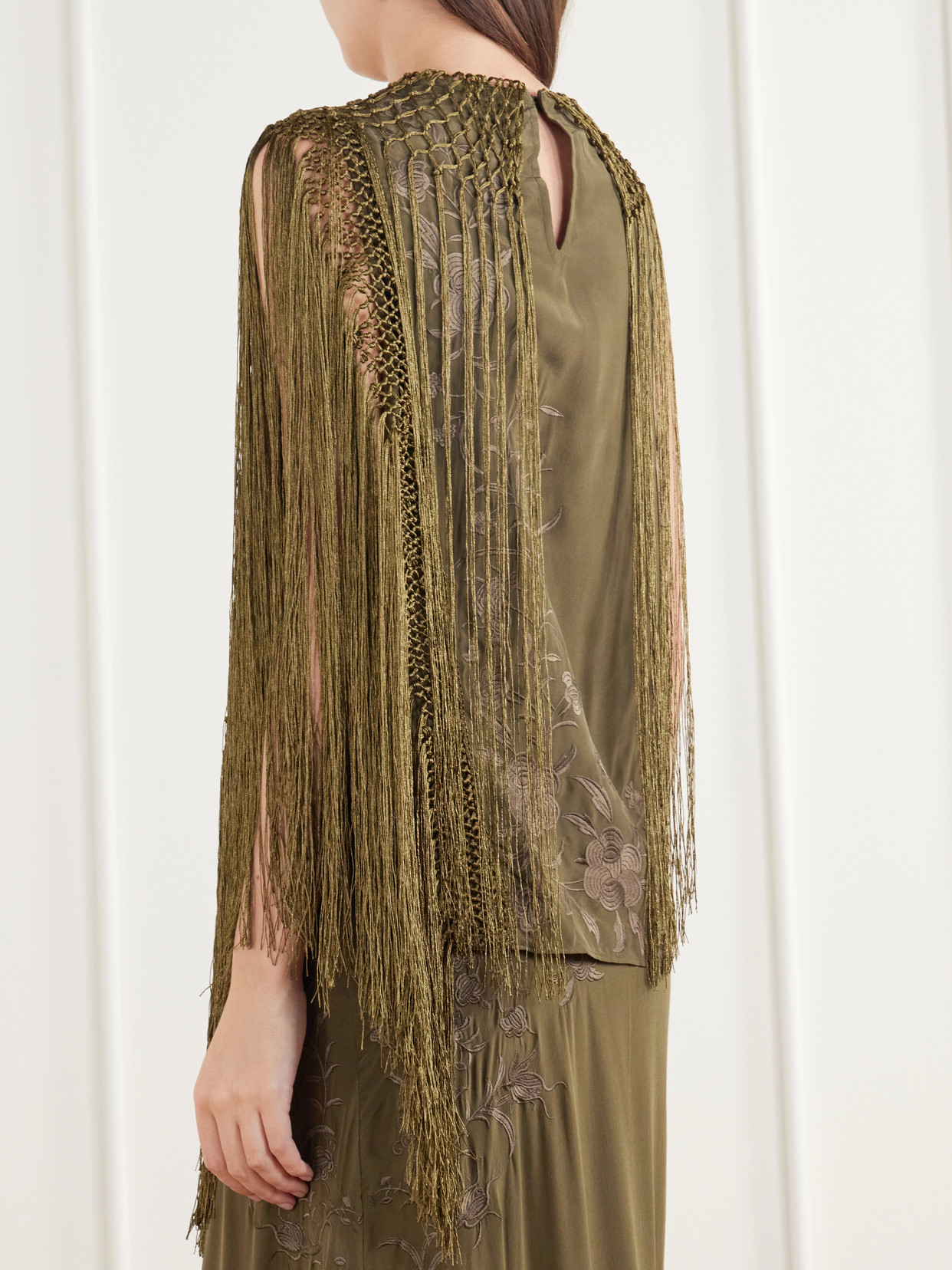 Willa Fringed Embroidered Silk-Crepe De Chine Blouse