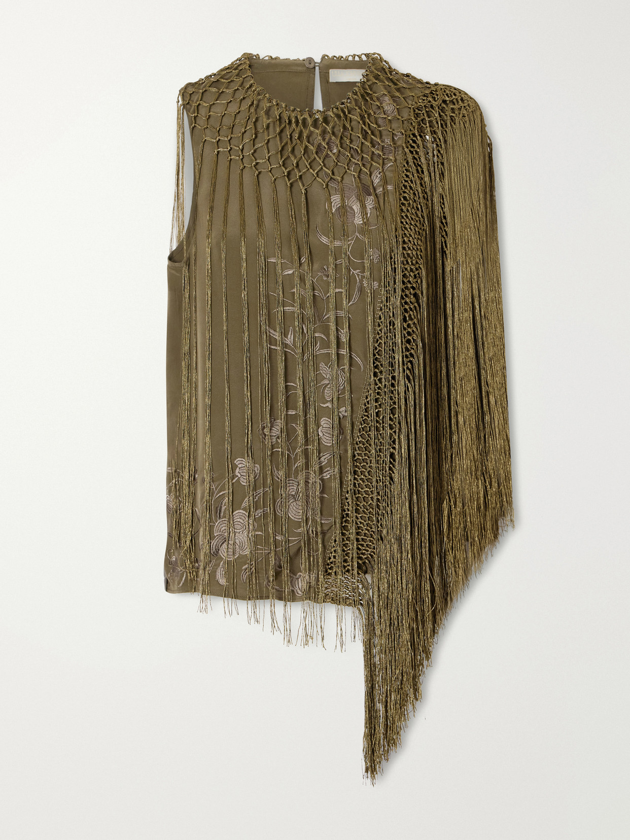 Ulla Johnson Willa Fringed Embroidered Silk-crepe De Chine Blouse In Green