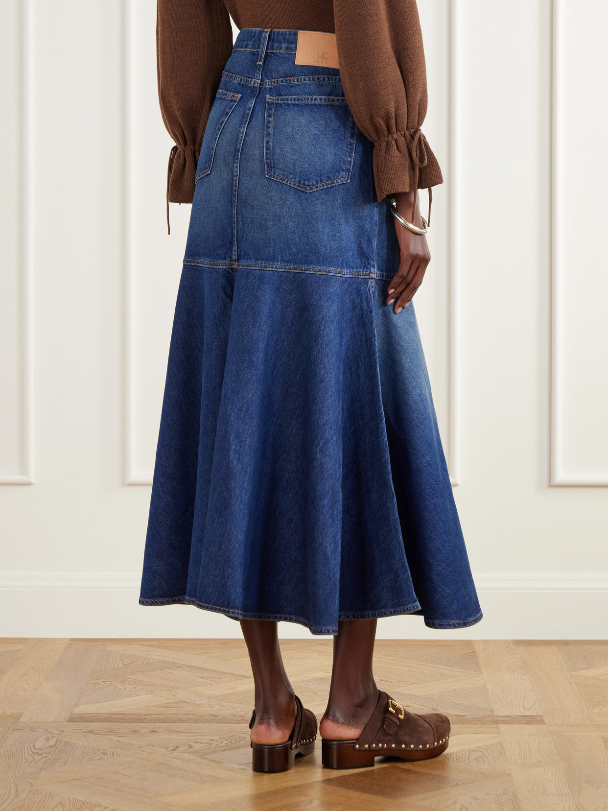 The Madelyn Embellished Paneled Denim Maxi