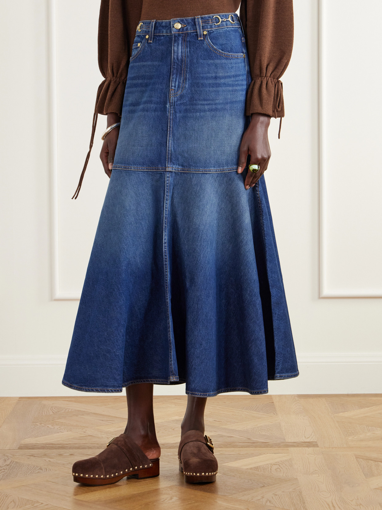 The Madelyn Embellished Paneled Denim Maxi