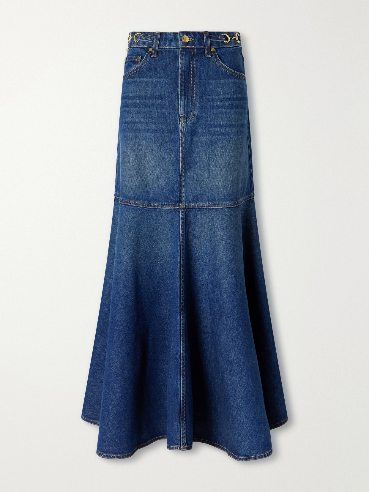 The Madelyn Embellished Paneled Denim Maxi