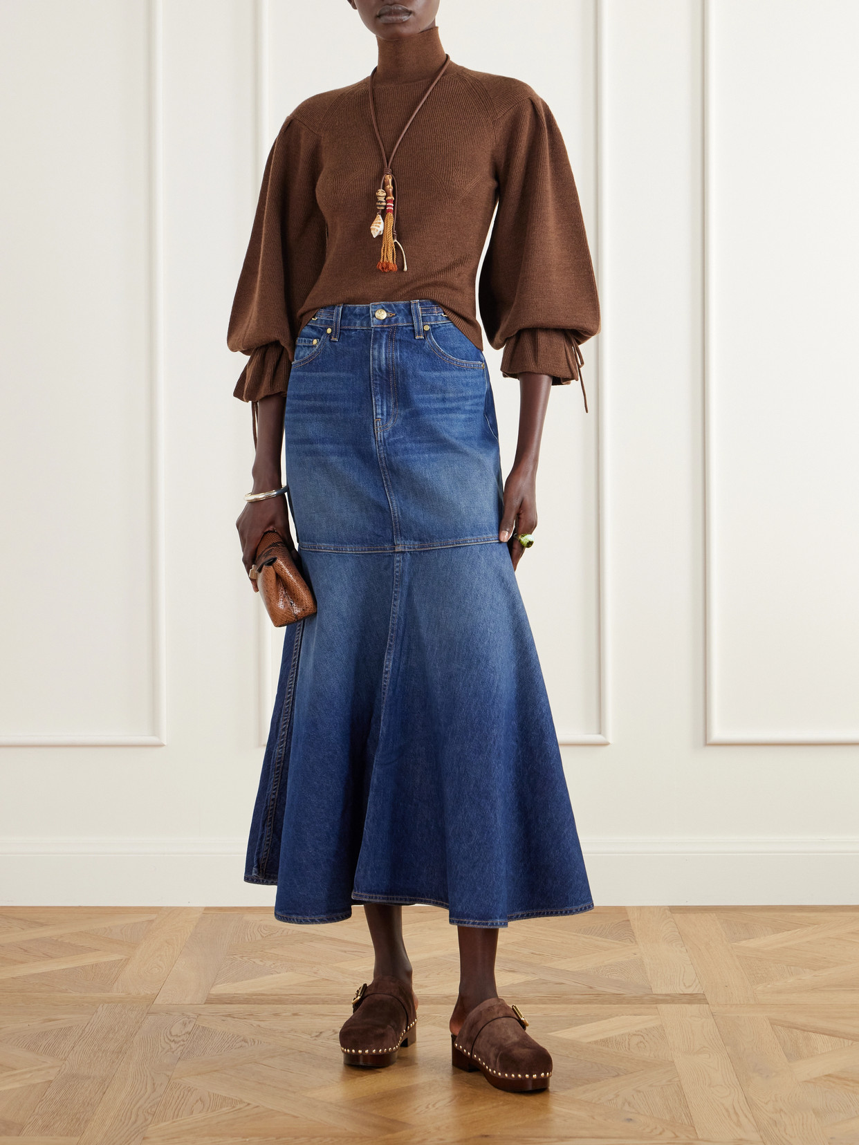 The Madelyn Embellished Paneled Denim Maxi