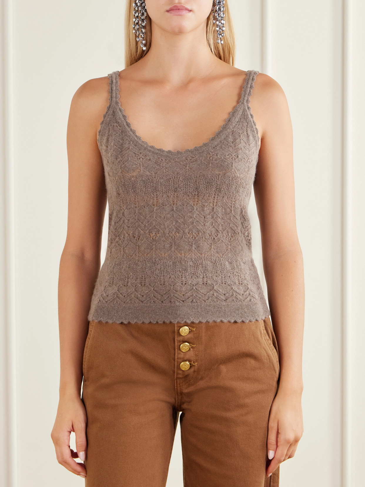 Brielle Scalloped Pointelle-Knit Cashmere Tank
