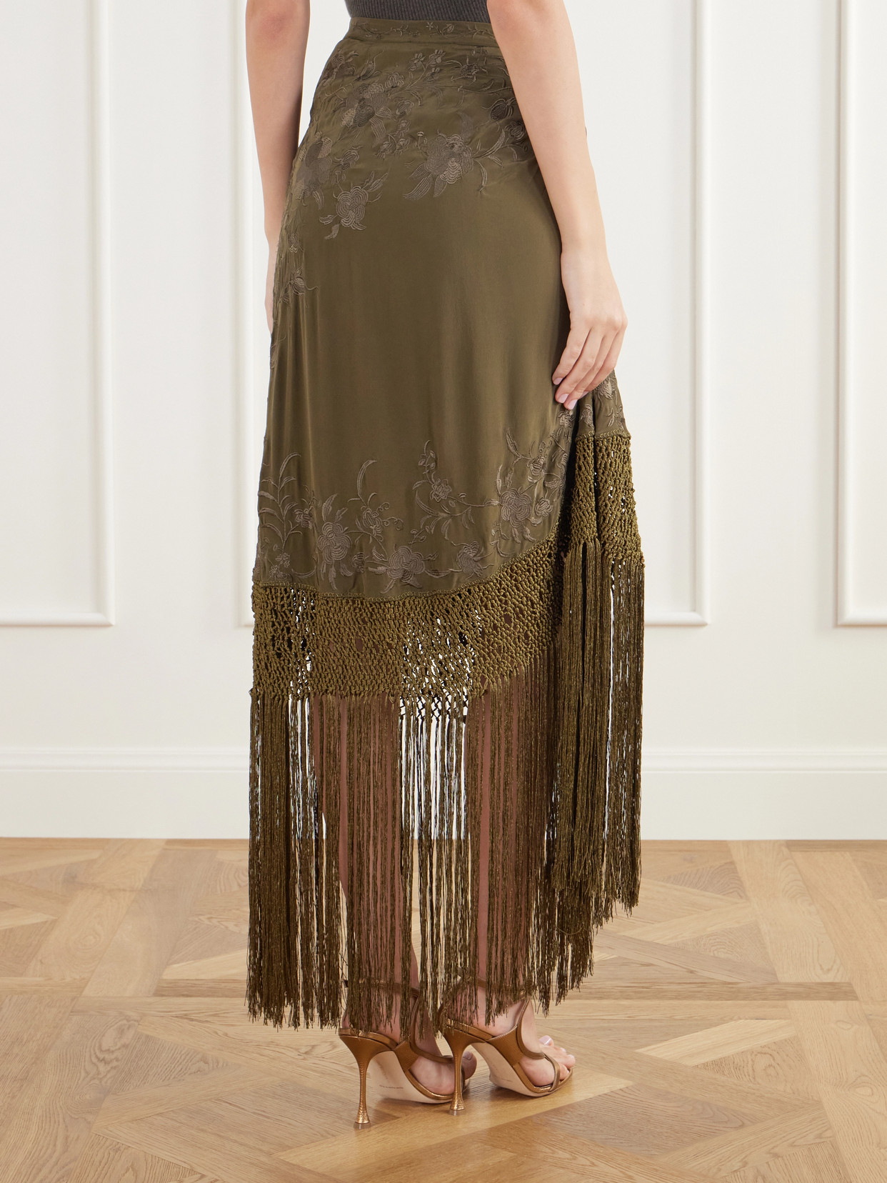 Lark Fringed Embroidered Silk-Crepe De Chin Midi