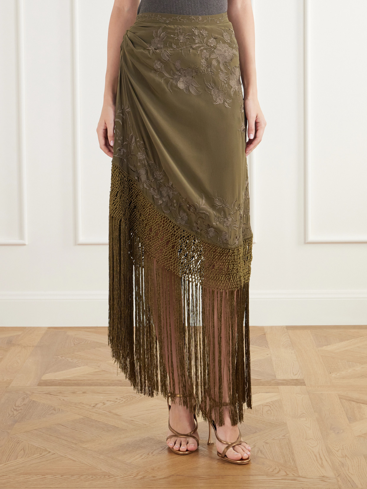 Lark Fringed Embroidered Silk-Crepe De Chin Midi