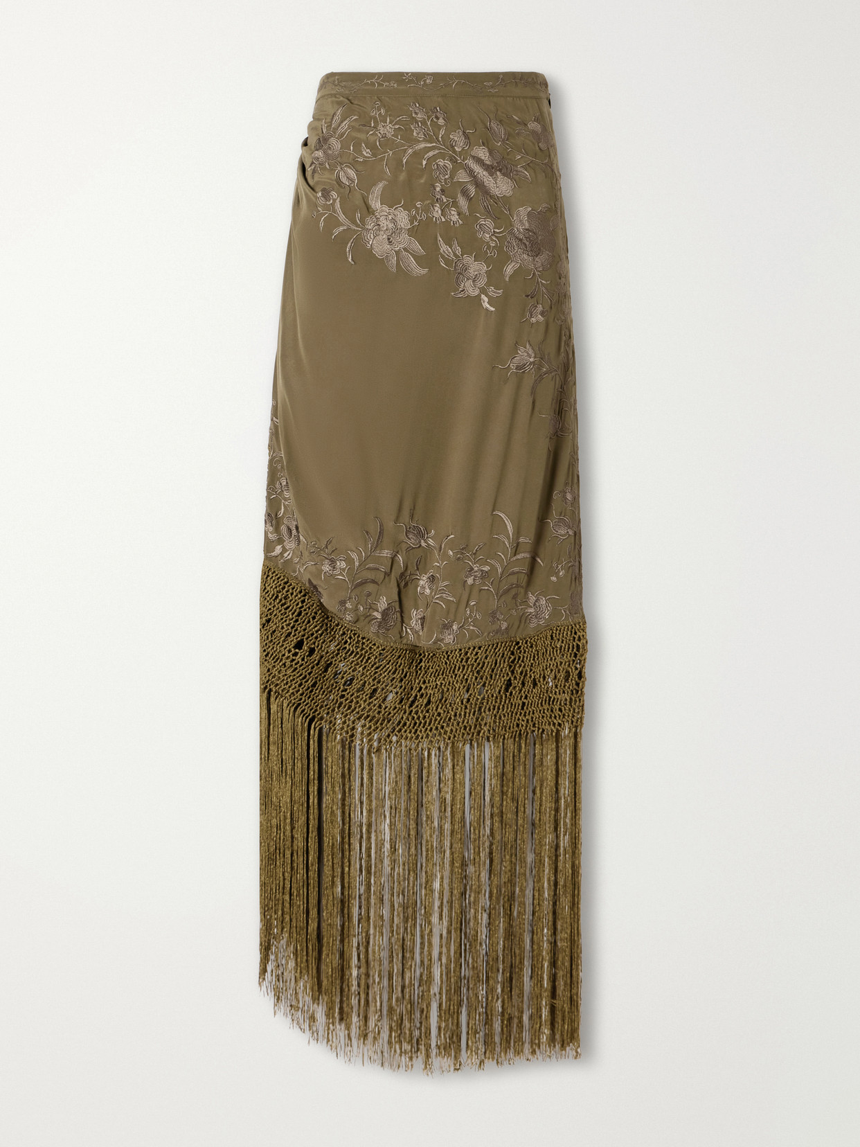 Ulla Johnson Lark Fringed Embroidered Silk-crepe De Chin Midi Skirt In Green