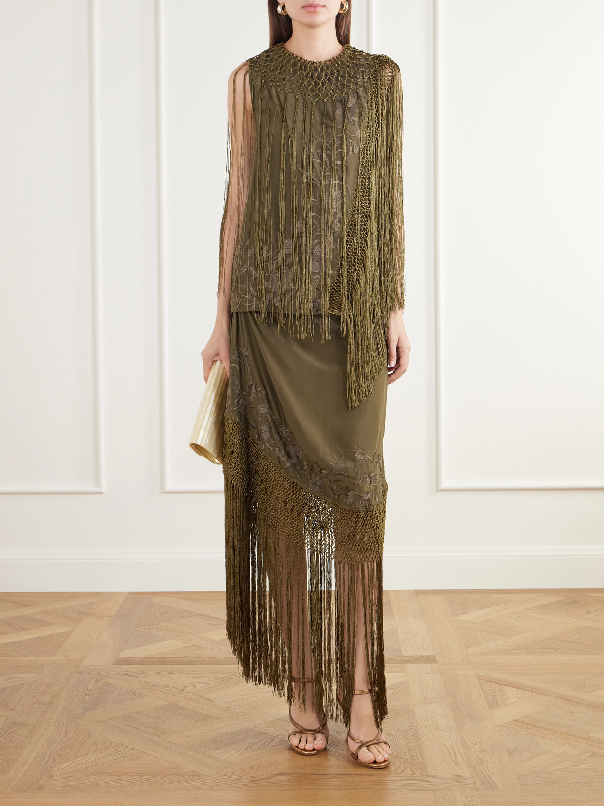 Lark Fringed Embroidered Silk-Crepe De Chin Midi