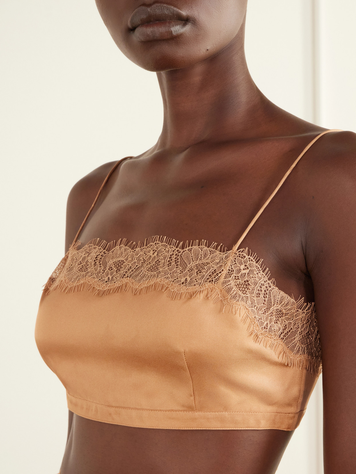 Leiko Cropped Chantilly Lace-Trimmed Silk-Twill Top