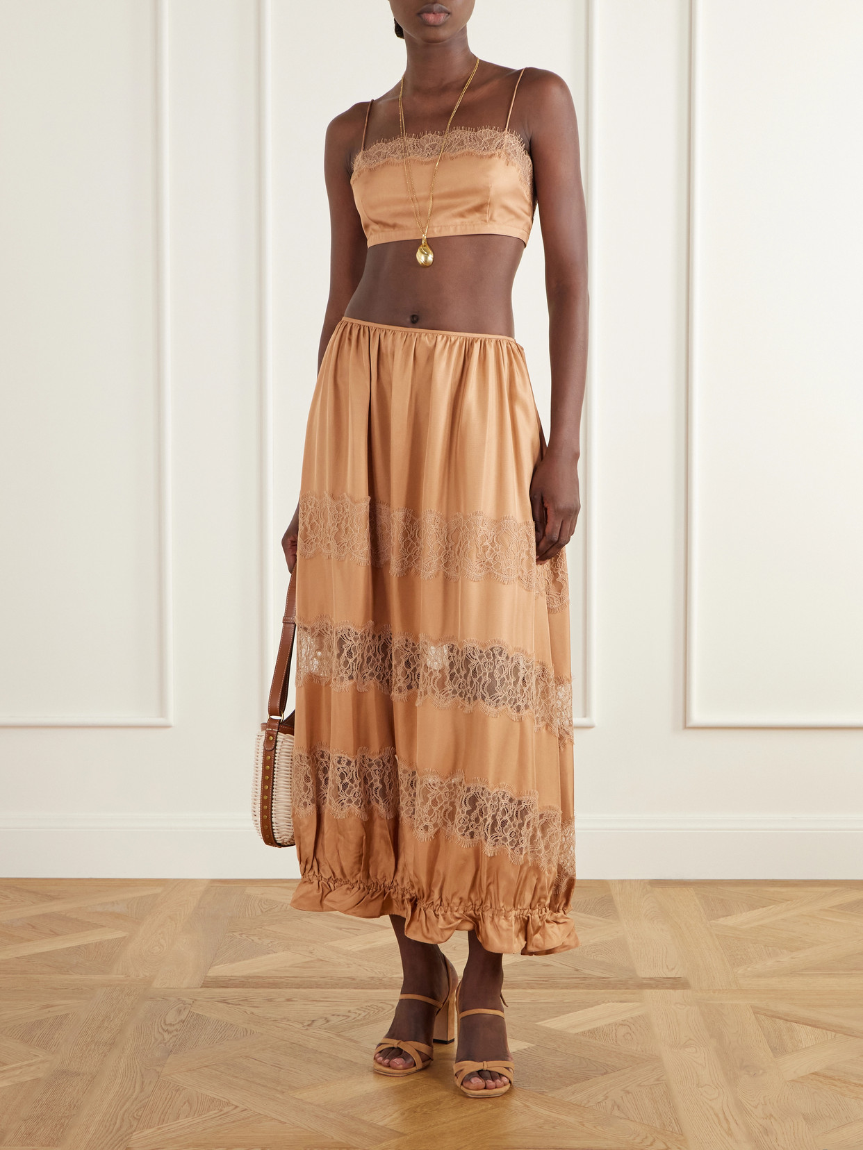 Leiko Cropped Chantilly Lace-Trimmed Silk-Twill Top