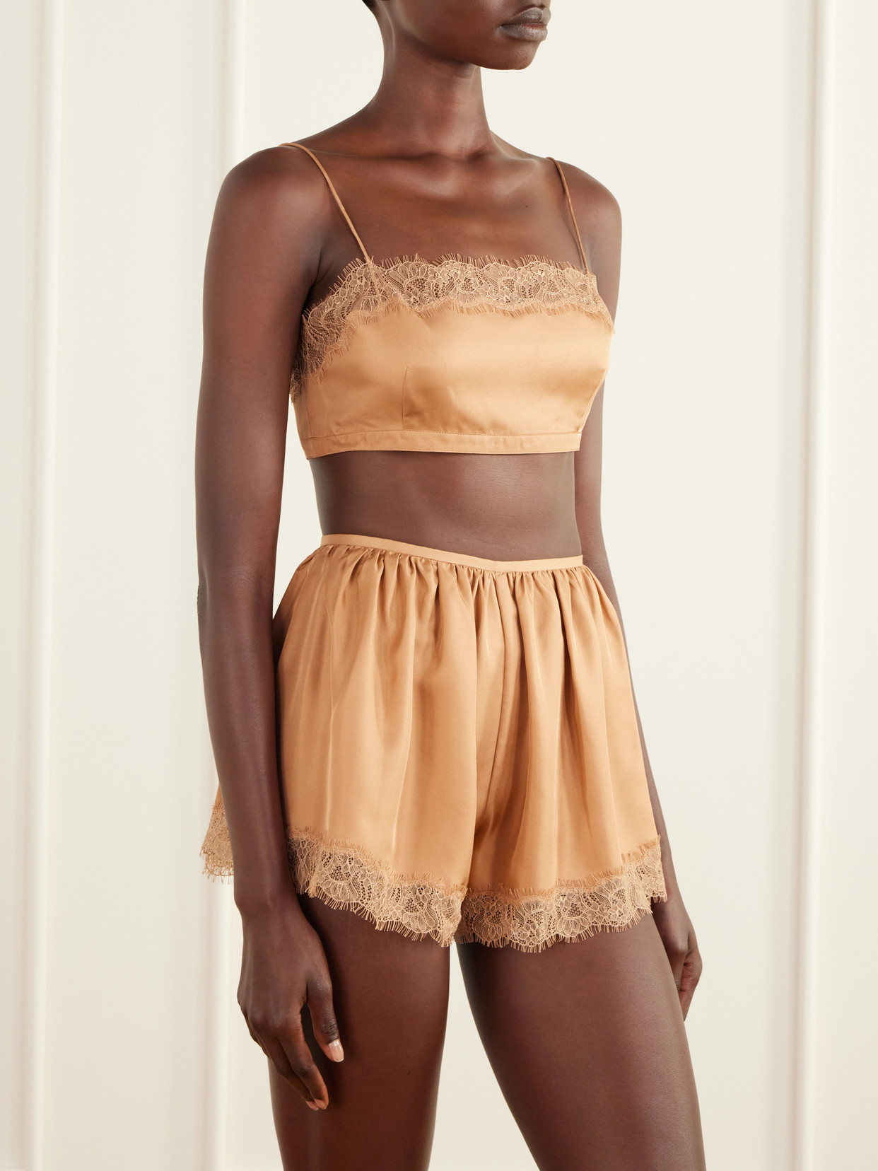 Leiko Cropped Chantilly Lace-Trimmed Silk-Twill Top