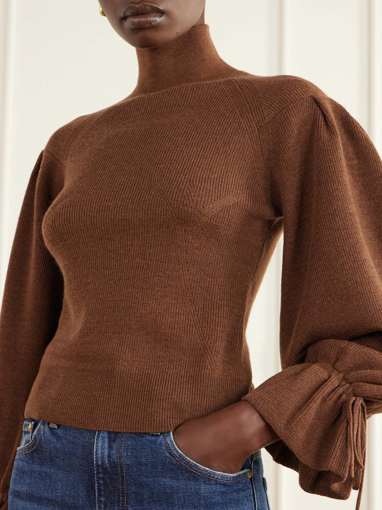 Camille Ruffled Ribbed-Knit Merino Wool Turtleneck Sweater