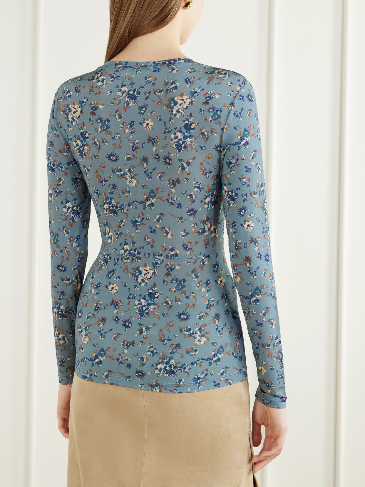Gathered Floral-Print Stretch-Jersey Blouse