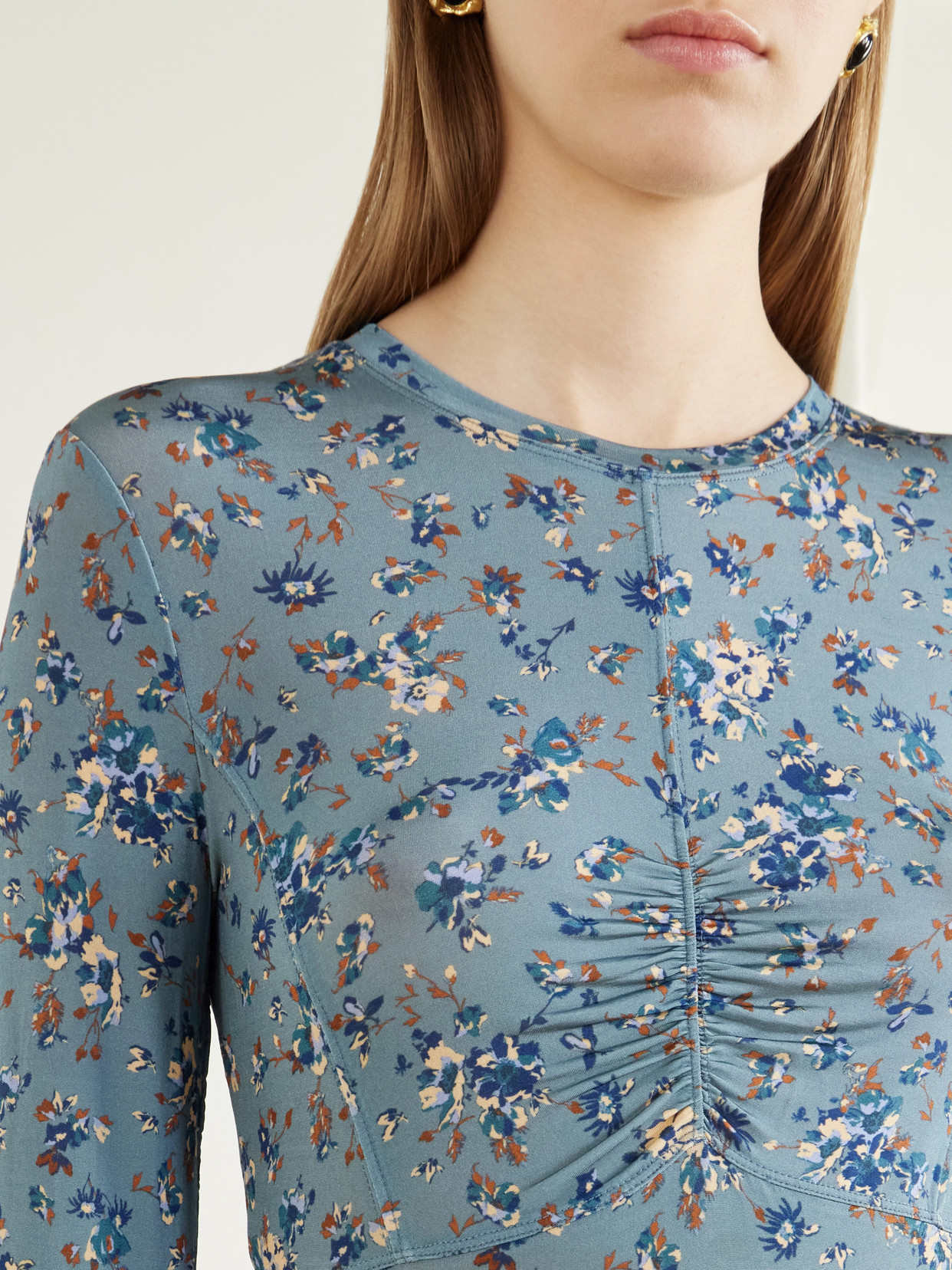 Gathered Floral-Print Stretch-Jersey Blouse