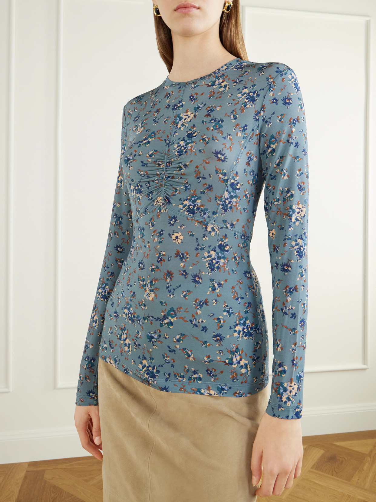 Gathered Floral-Print Stretch-Jersey Blouse