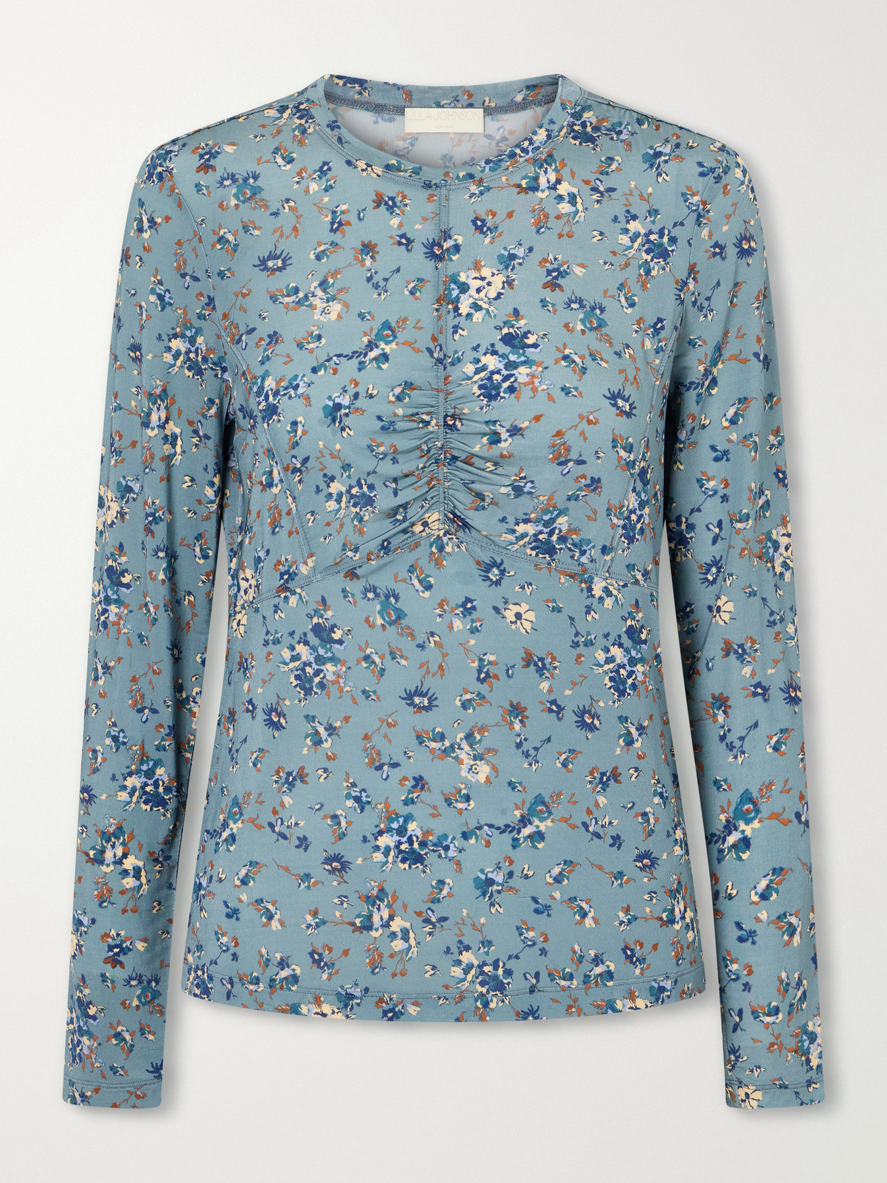 Ulla Johnson Gathered Floral-print Stretch-jersey Blouse In Blue