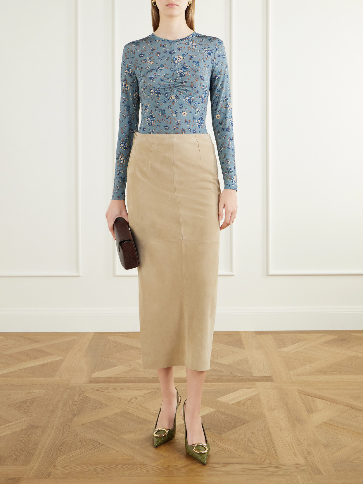 Gathered Floral-Print Stretch-Jersey Blouse