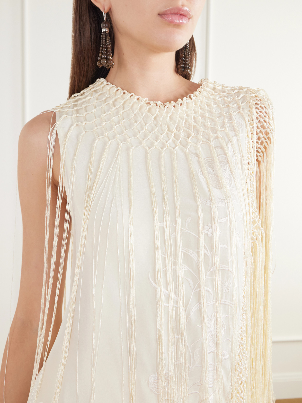 Willa Fringed Embroidered Silk-Crepe De Chine Blouse